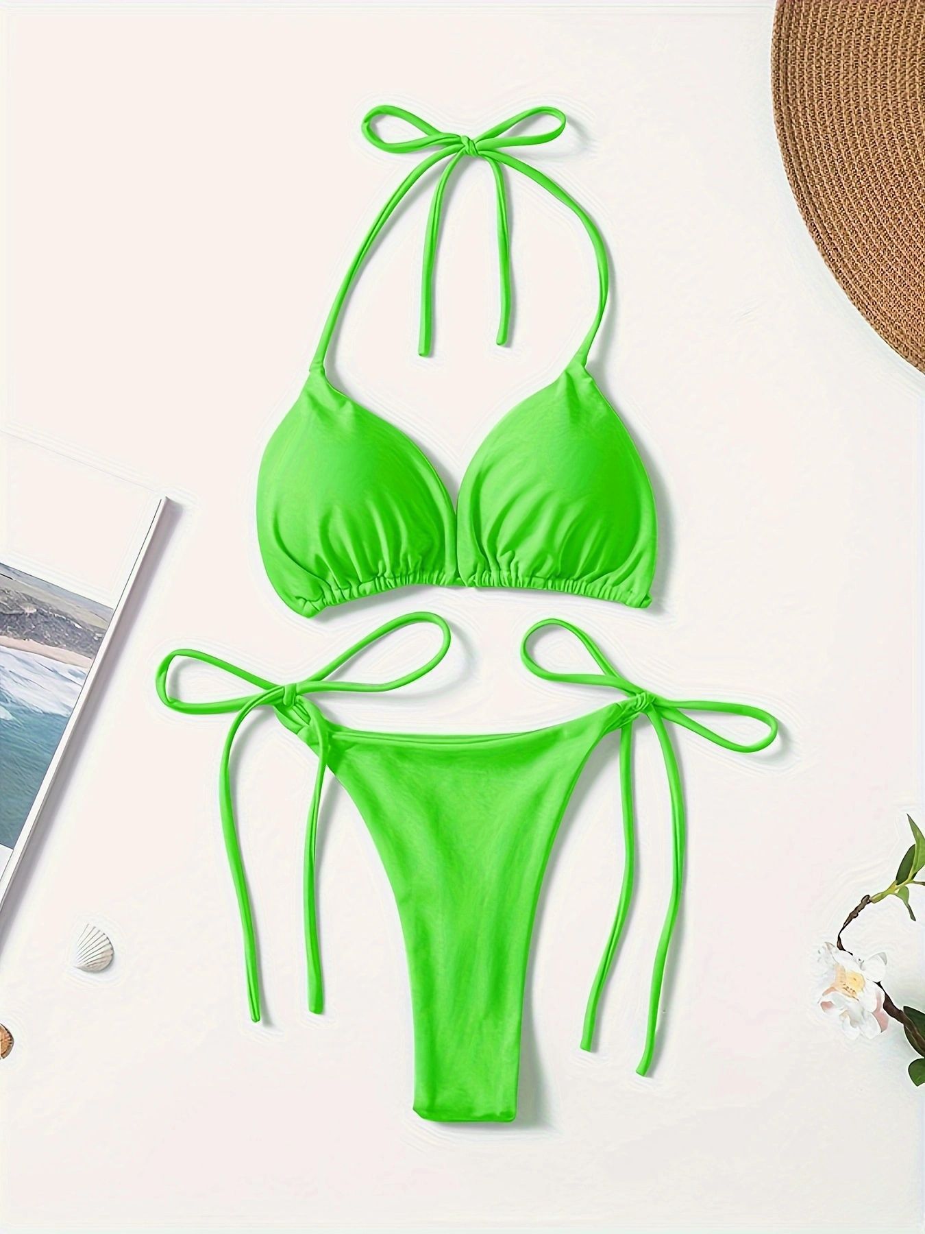 New Style European and American Solid Color Sexy Tie Rope Hot Girl Temperament Women's Fashion Bikini Swimsuit Two-Piece Tight-Fitting