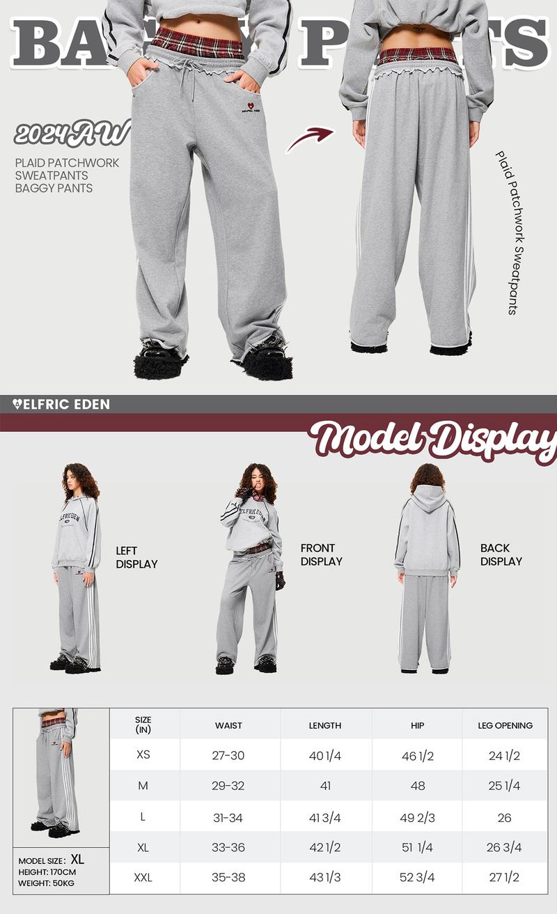 Product Introduction of Aelfric Eden Double Waist Plaid Patchwork SweatPants Baggy Wide Leg Sweatpants for Women Loose Long Pants with Pockets 1