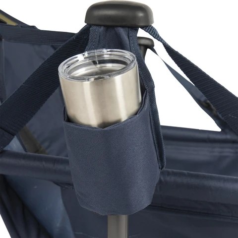 Built in cup holder on frame of chair.