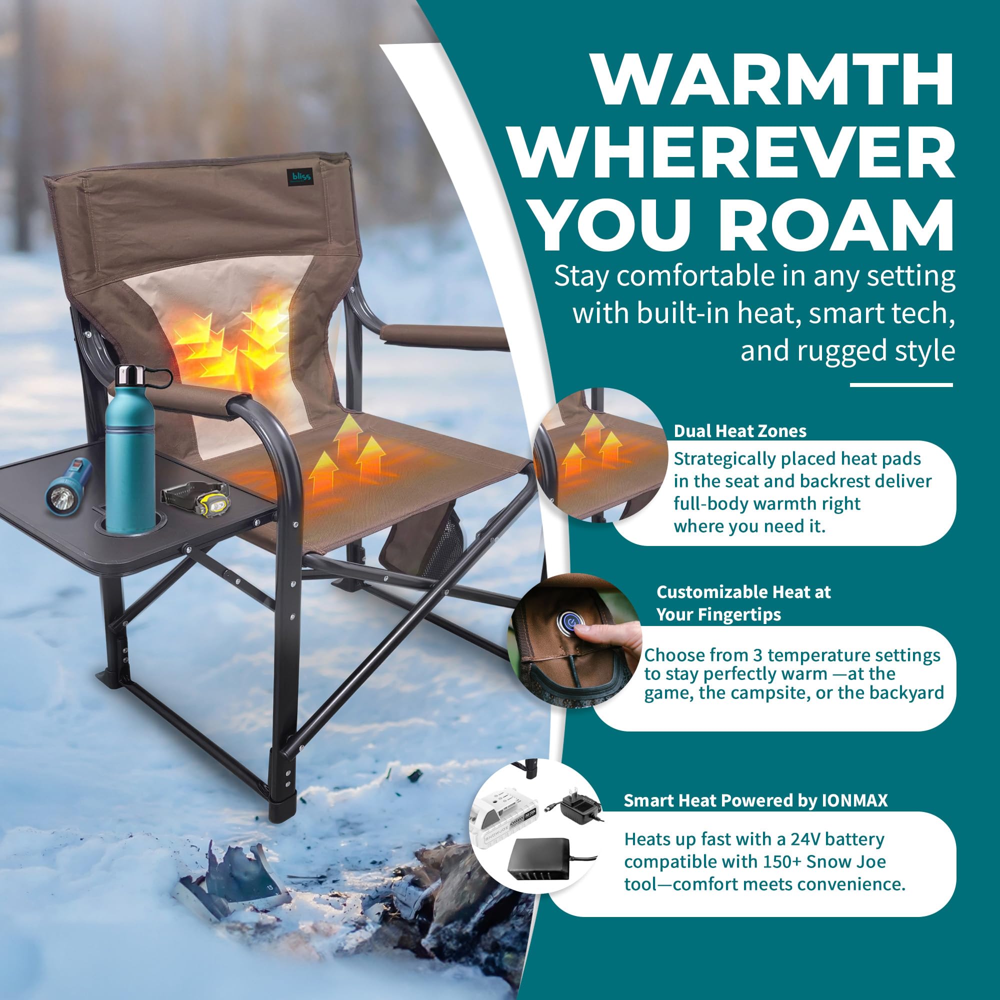 Amazon.com: Bliss Hammocks 24 Volt Heated Directors Seat with 3 Heat  Settings, Folding Portable 21 Inch Wide Steel Frame Camping Chair - Battery  Included, Brown : Sports & Outdoors