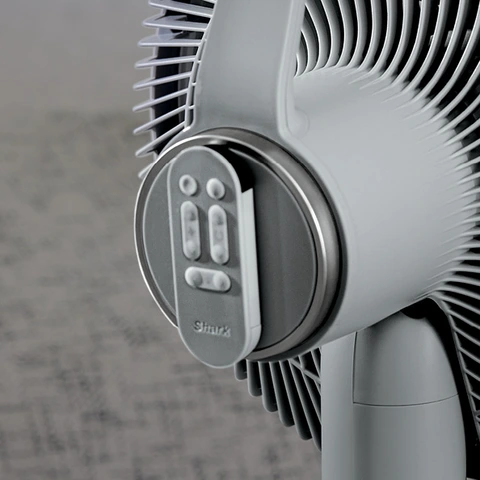 A magnetic remote docks to the back of the fan— detach it to turn power on/off, change speeds, or customize oscillation.