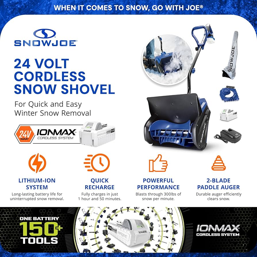 Amazon.com : Snow Joe 24V Cordless Electric Snow Shovel Kit, 400W Motor,  13" Clearing Path - 20 Feet Throwing Distance, Includes Cover & Ice Scraper  for Driveway, Sidewalk, Walkway, Deck & Patio,