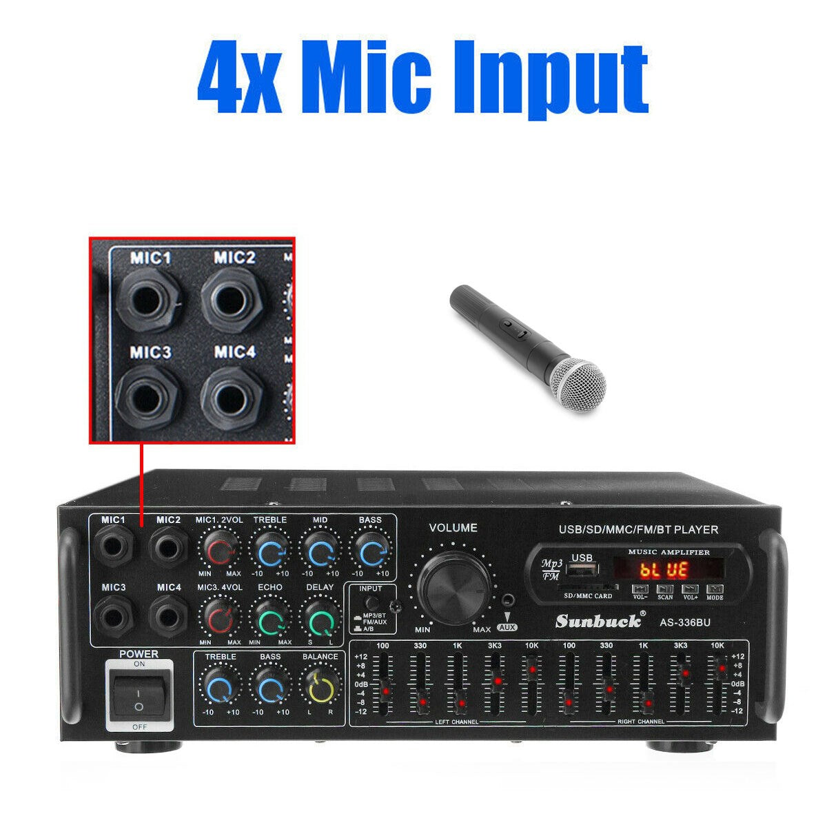 ☆2000W Bluetooth HiFi Power Amplifier Karaoke USB EQ Mixer SUNBUCK with Remote Control for Car and Home