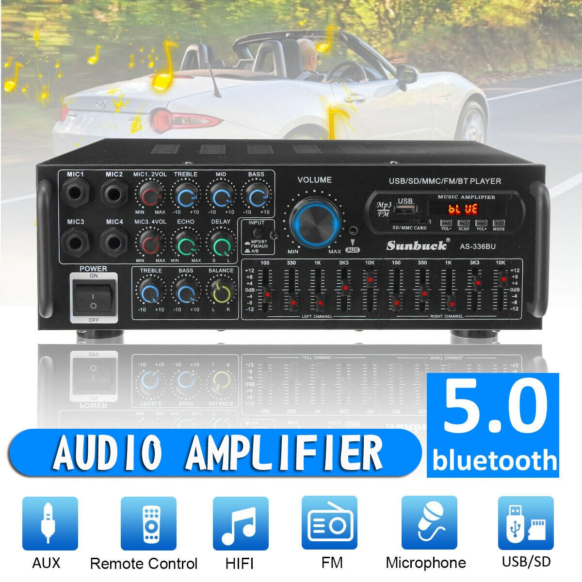 ☆2000W Bluetooth HiFi Power Amplifier Karaoke USB EQ Mixer SUNBUCK with Remote Control for Car and Home