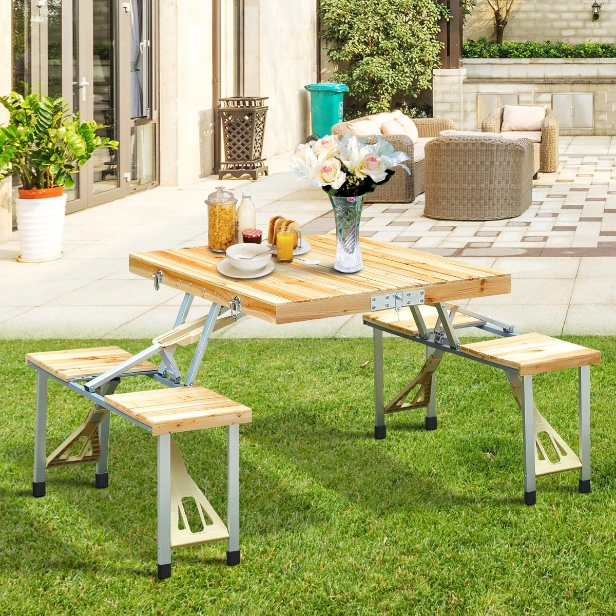 💝𝐐𝐕𝐂 𝐃𝐞𝐚𝐥𝐬 𝐨𝐧 𝐭𝐡𝐞 𝐃𝐚𝐢𝐥𝐲 - 𝐁𝐮𝐲 𝟐 𝐆𝐞𝐭 𝟐 𝐅𝐫𝐞𝐞✨Outsunny 54" Portable Camping Table with 4 seat Wooden Portable Folding Picnic Table Set with Umbrella Hole