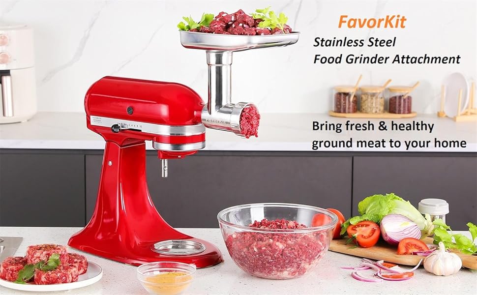 Amazon.com: FavorKit Stainless Steel Food Grinder Attachment for KitchenAid  Mixers, Dishwasher Safe Meat Processor Aceesory Included 3 Sausage Stuffer  Tubes: Home & Kitchen