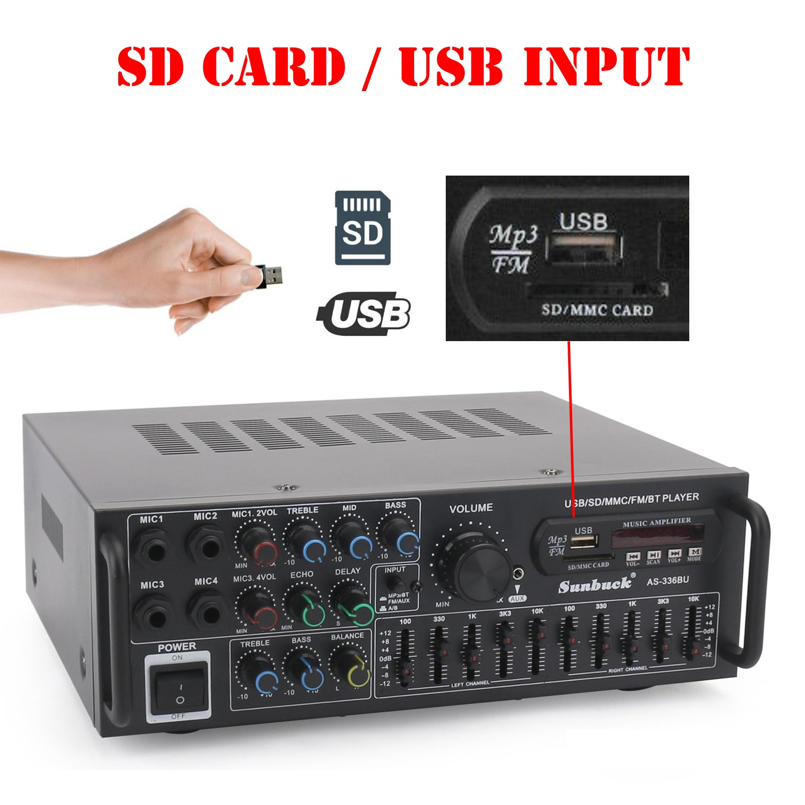 ☆2000W Bluetooth HiFi Power Amplifier Karaoke USB EQ Mixer SUNBUCK with Remote Control for Car and Home