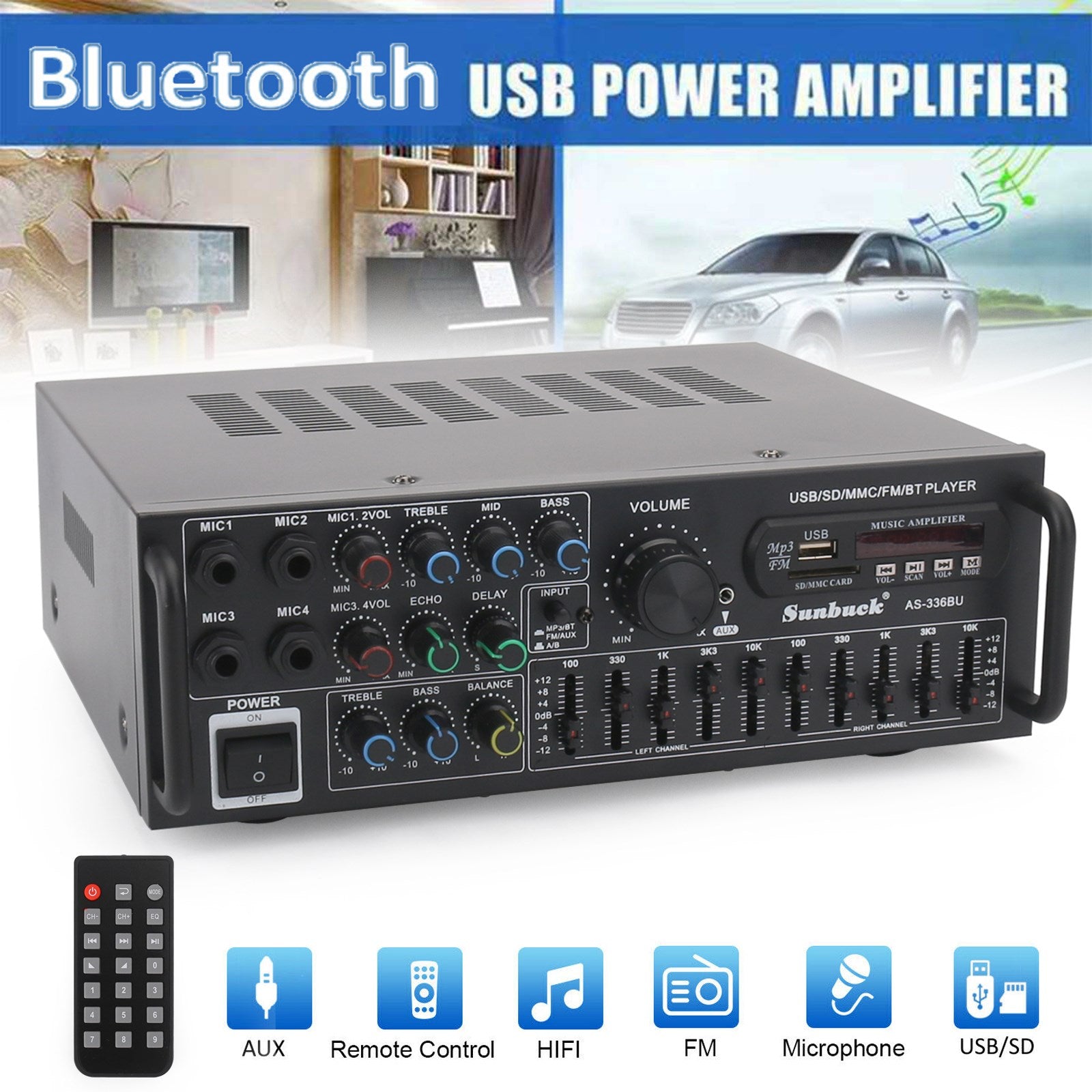 ☆2000W Bluetooth HiFi Power Amplifier Karaoke USB EQ Mixer SUNBUCK with Remote Control for Car and Home