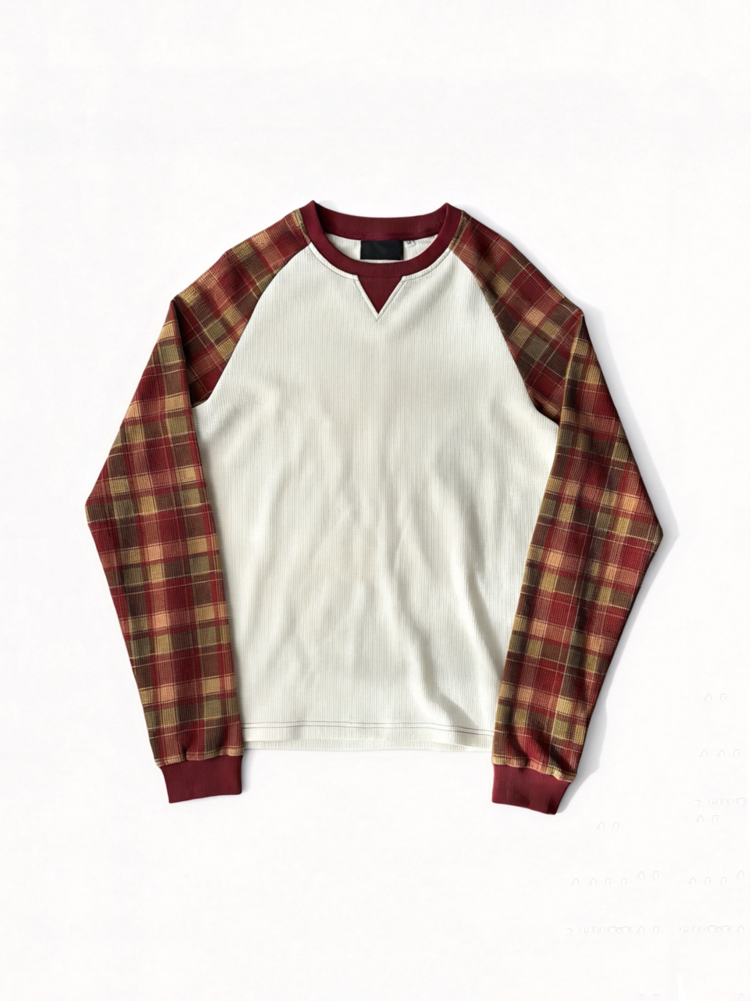 WAFFLE PATCHWORK LONG SLEEVE TOP | NAVY PLAID