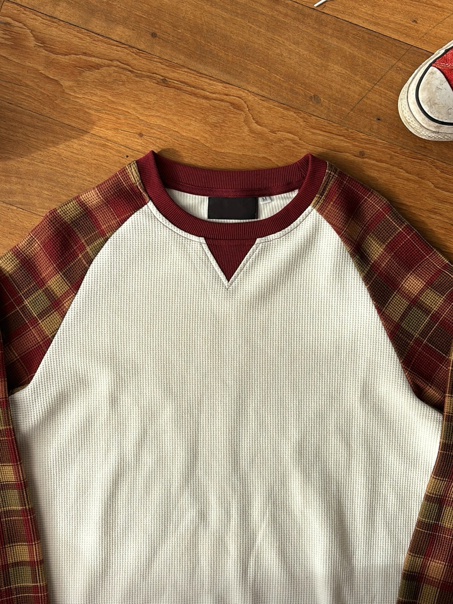 WAFFLE PATCHWORK LONG SLEEVE TOP | NAVY PLAID