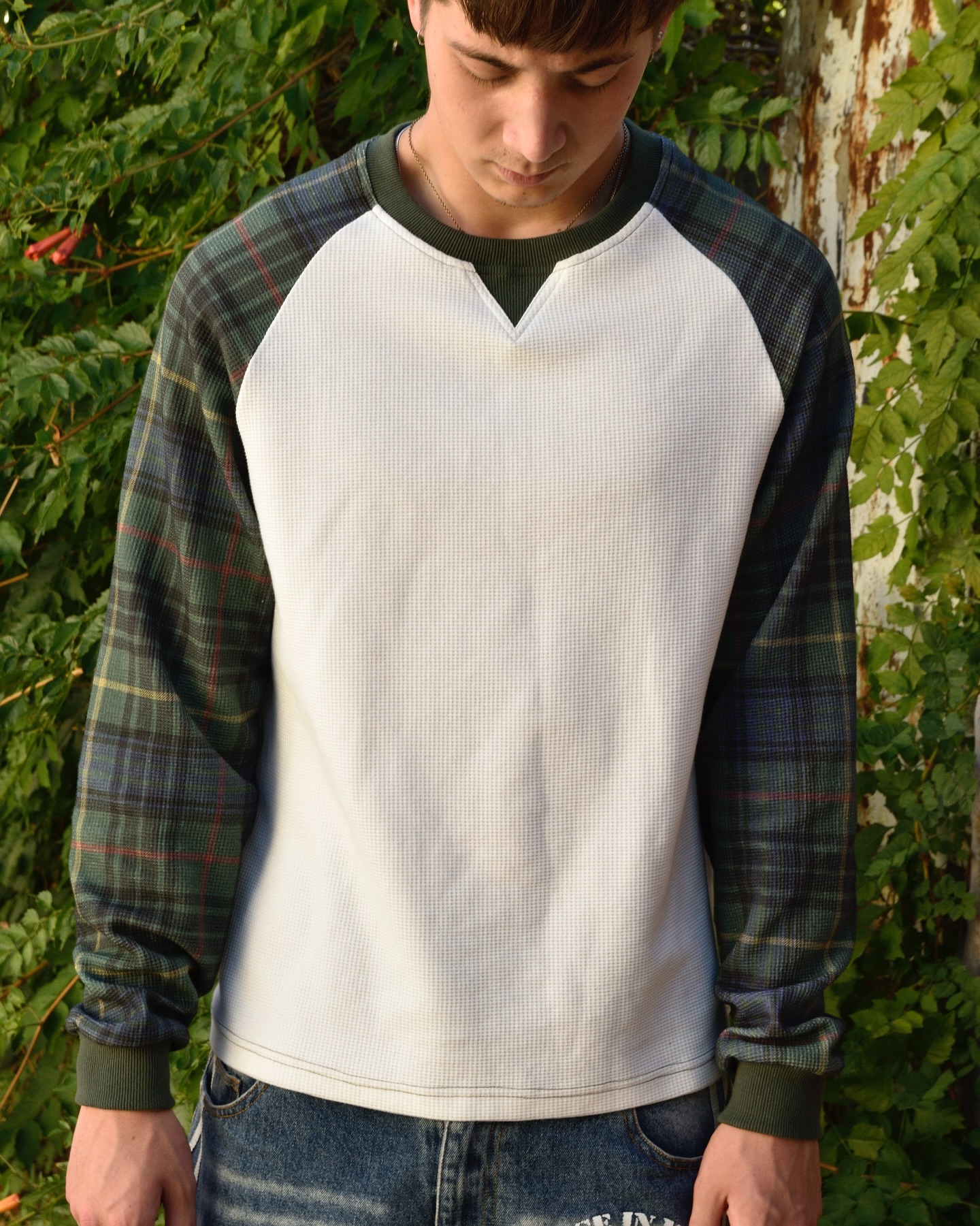 WAFFLE PATCHWORK LONG SLEEVE TOP