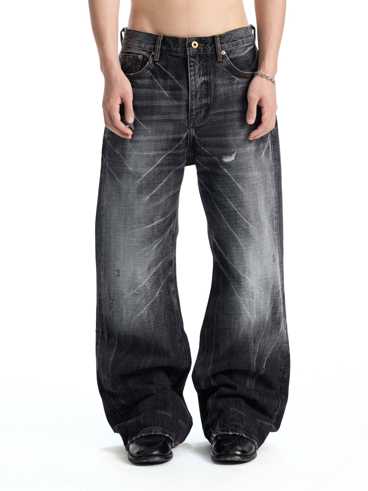 CHARCOAL CRACKED VINTAGE WASH FLARE DENIM