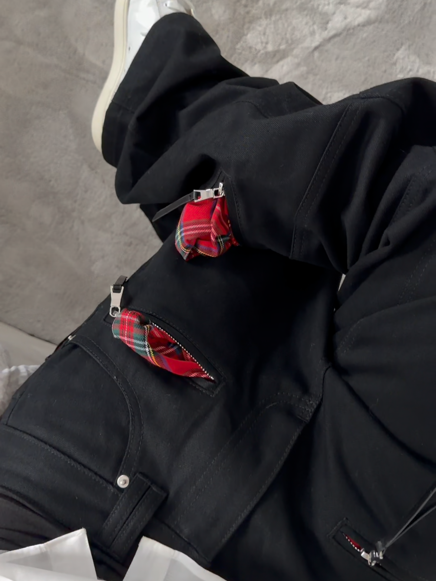 PLAID ZIP POCKET BOOTCUT JEANS