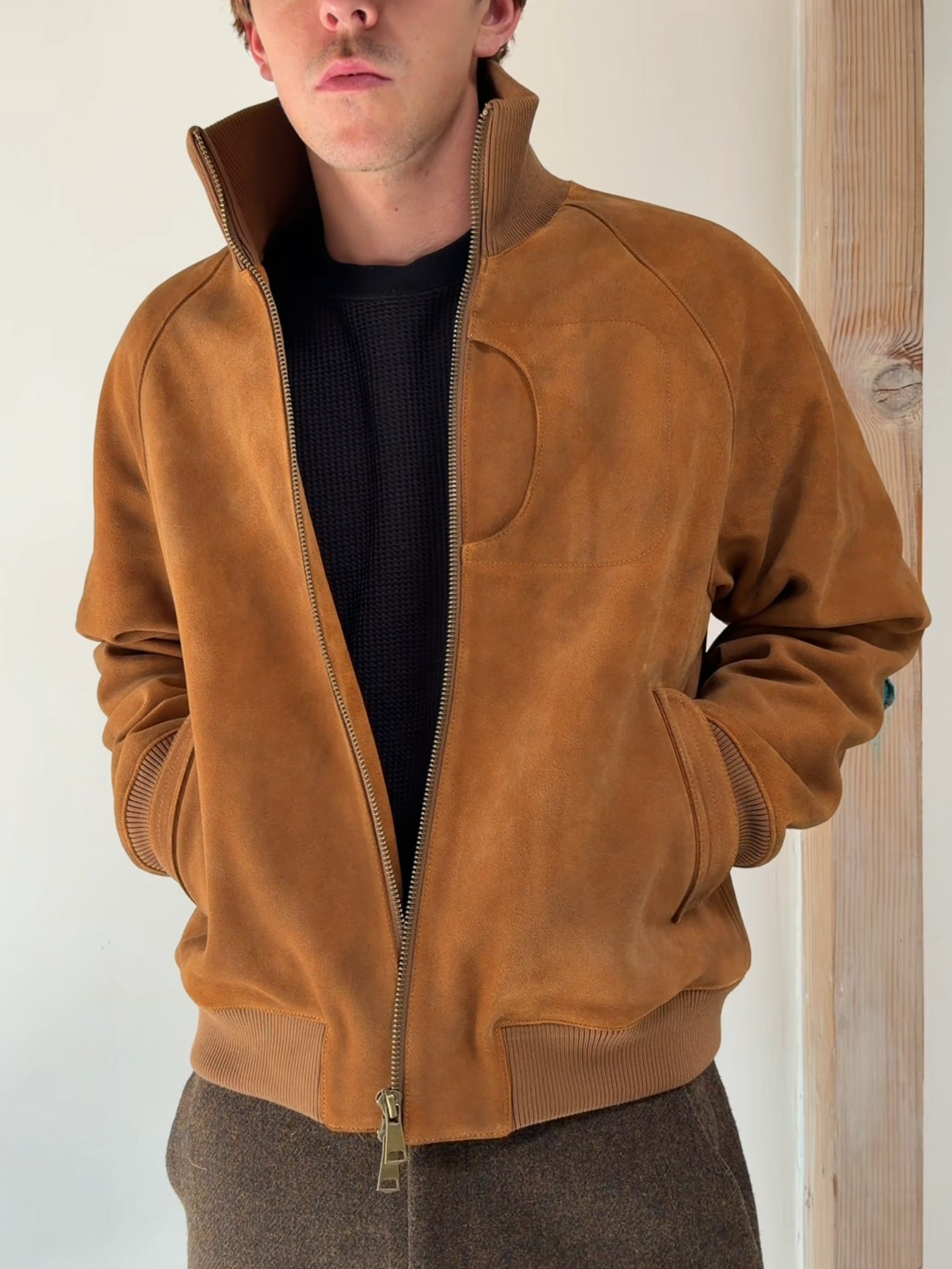 VINTAGE SUEDE STAND COLLAR BOMBER JACKET