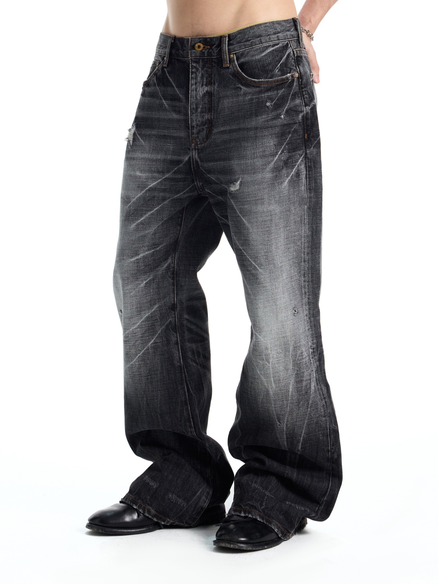 CHARCOAL CRACKED VINTAGE WASH FLARE DENIM