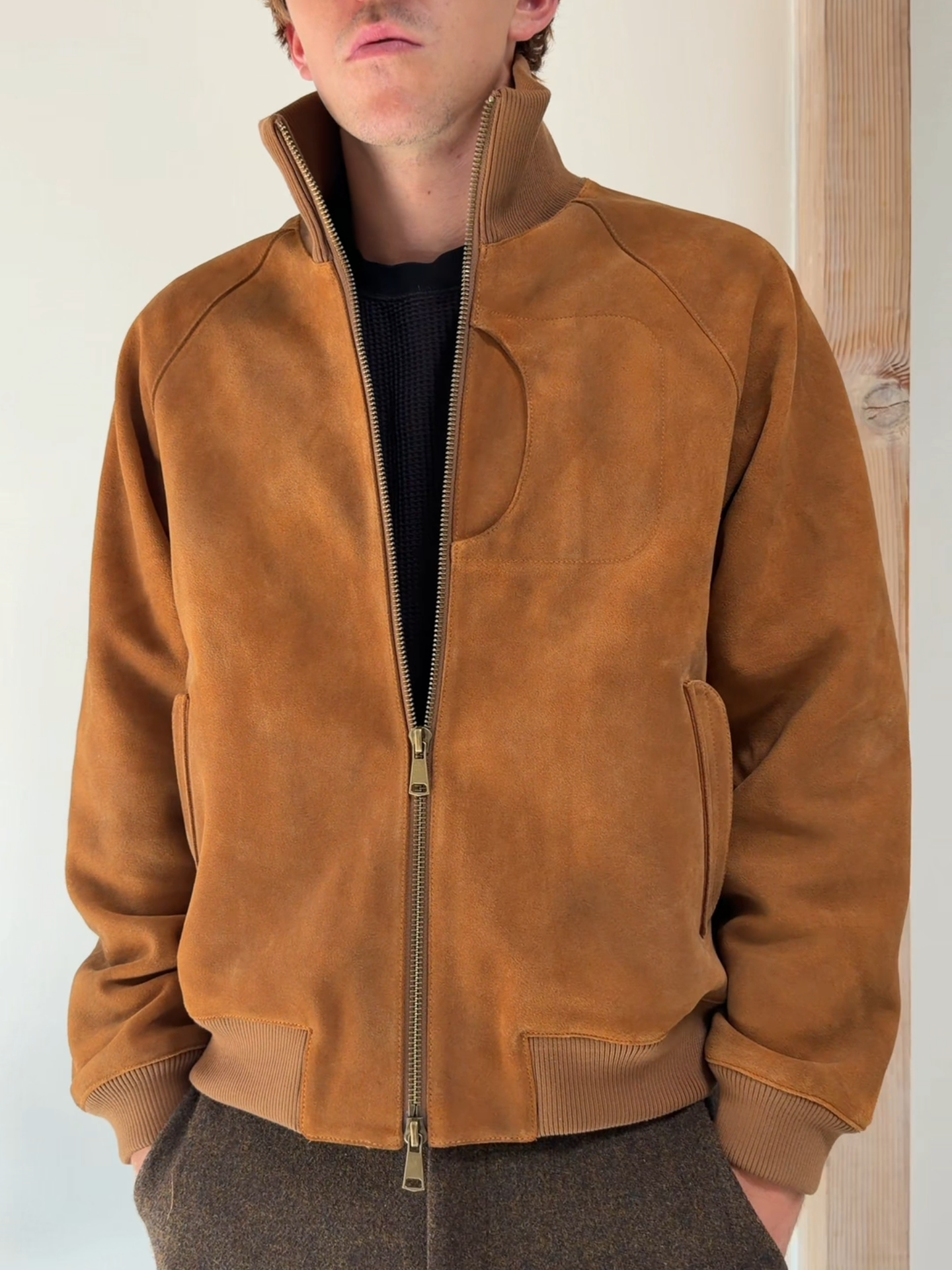 VINTAGE SUEDE STAND COLLAR BOMBER JACKET