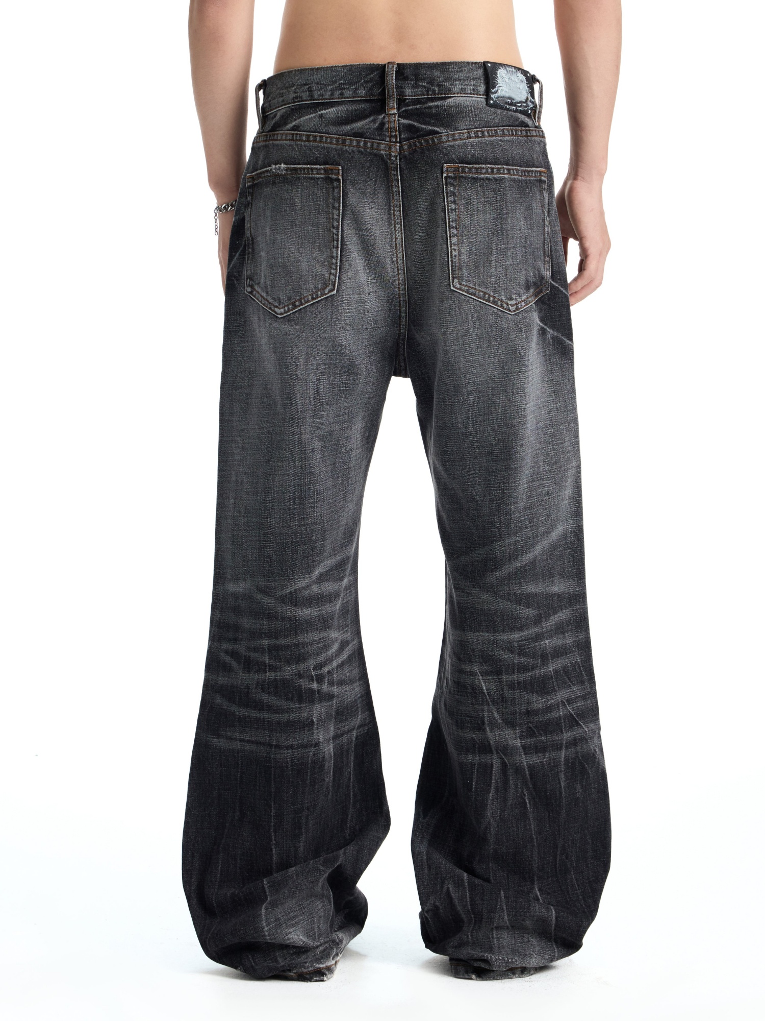 CHARCOAL CRACKED VINTAGE WASH FLARE DENIM
