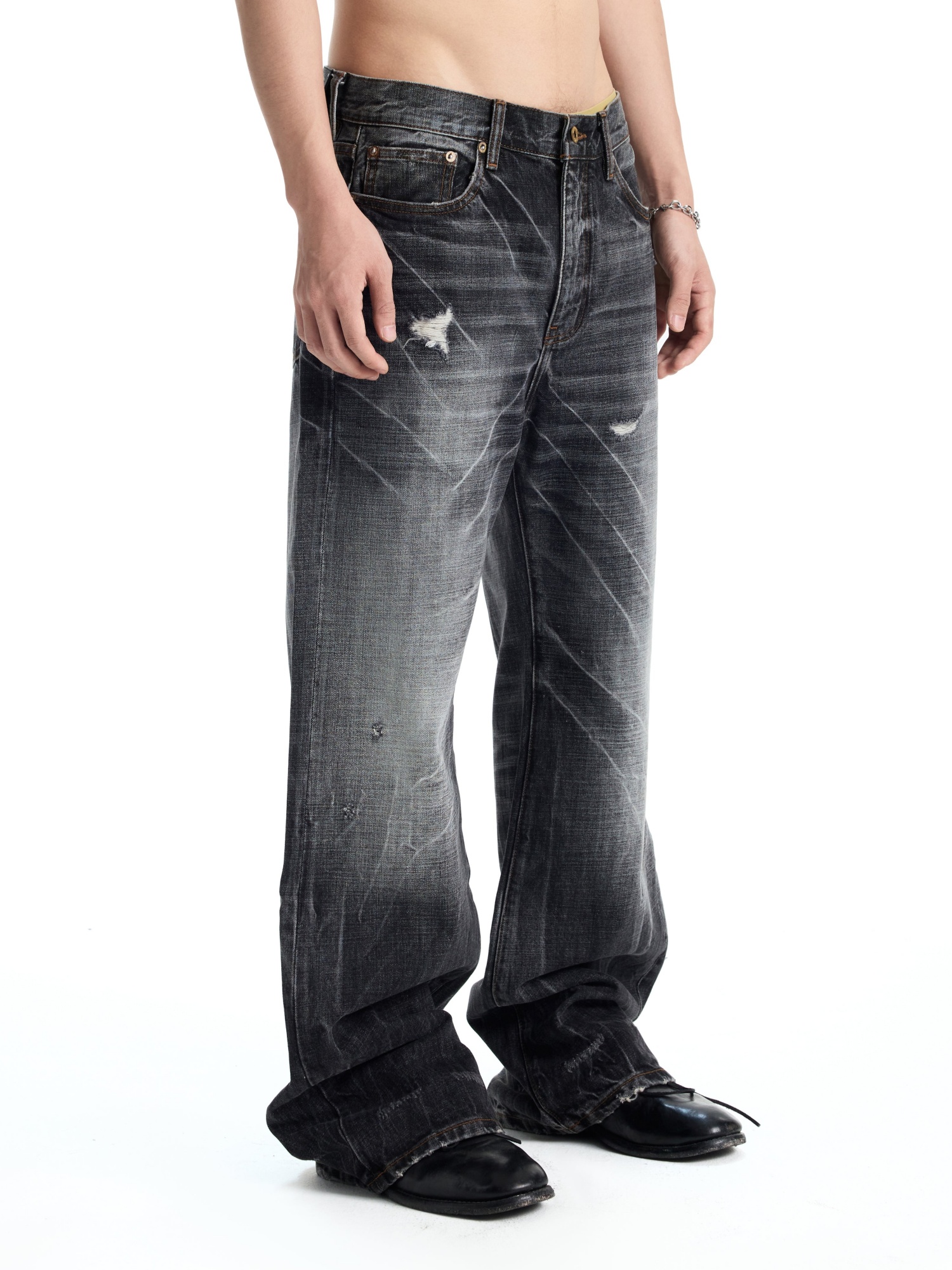 CHARCOAL CRACKED VINTAGE WASH FLARE DENIM
