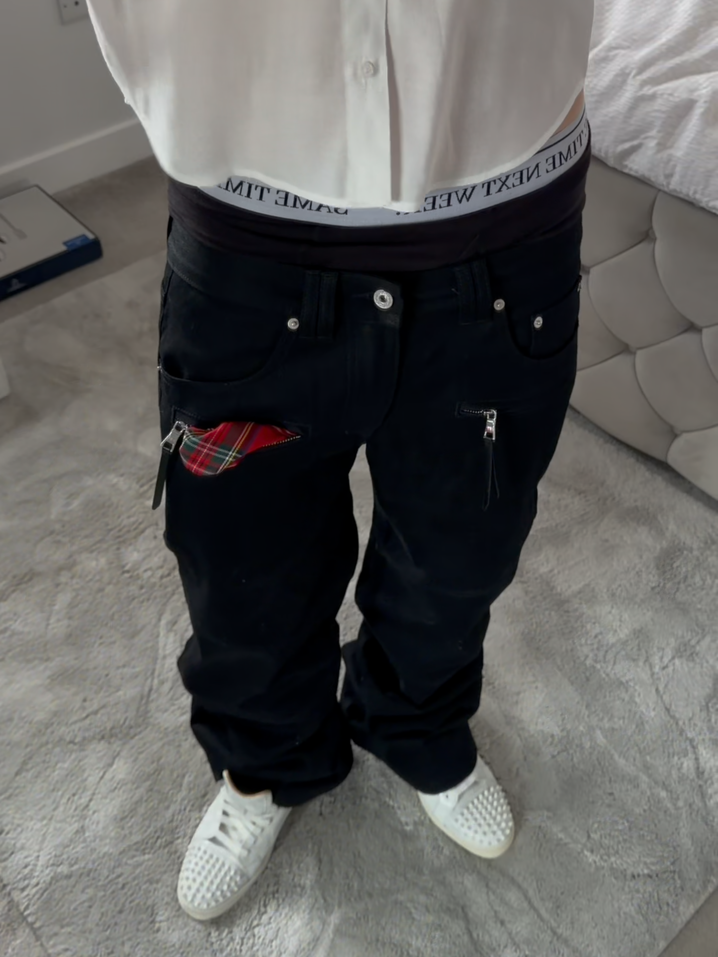 PLAID ZIP POCKET BOOTCUT JEANS