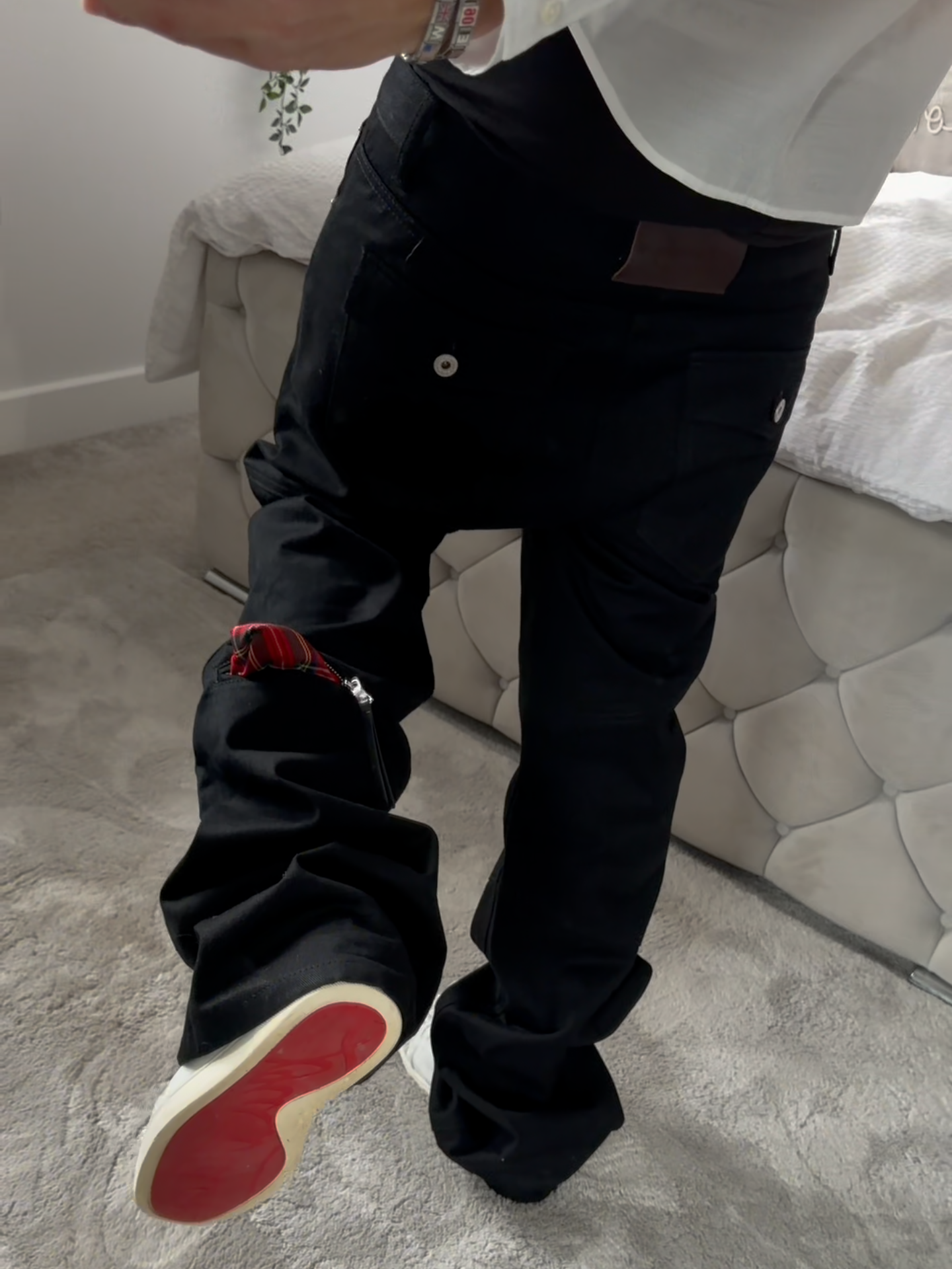 PLAID ZIP POCKET BOOTCUT JEANS
