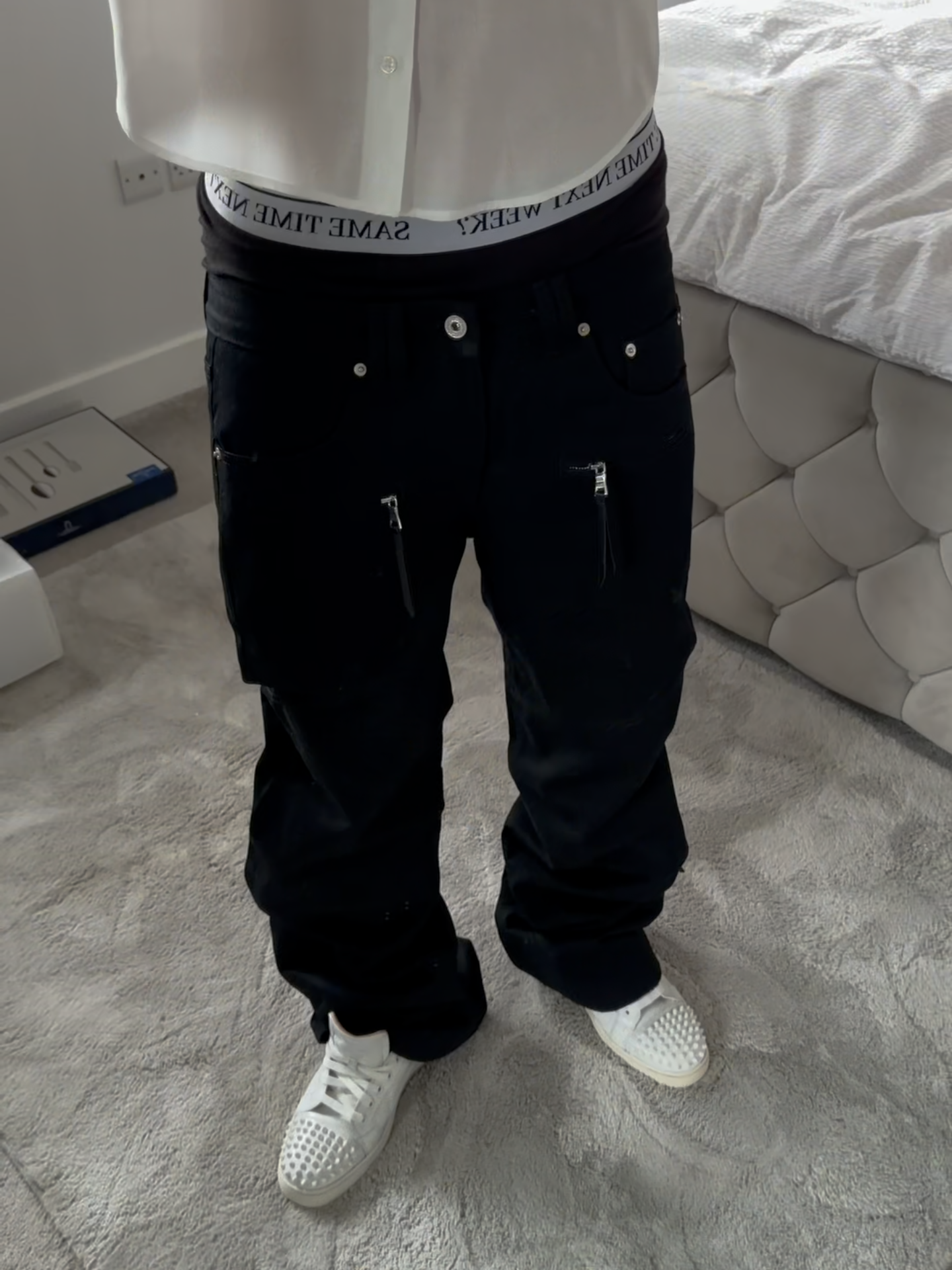 PLAID ZIP POCKET BOOTCUT JEANS