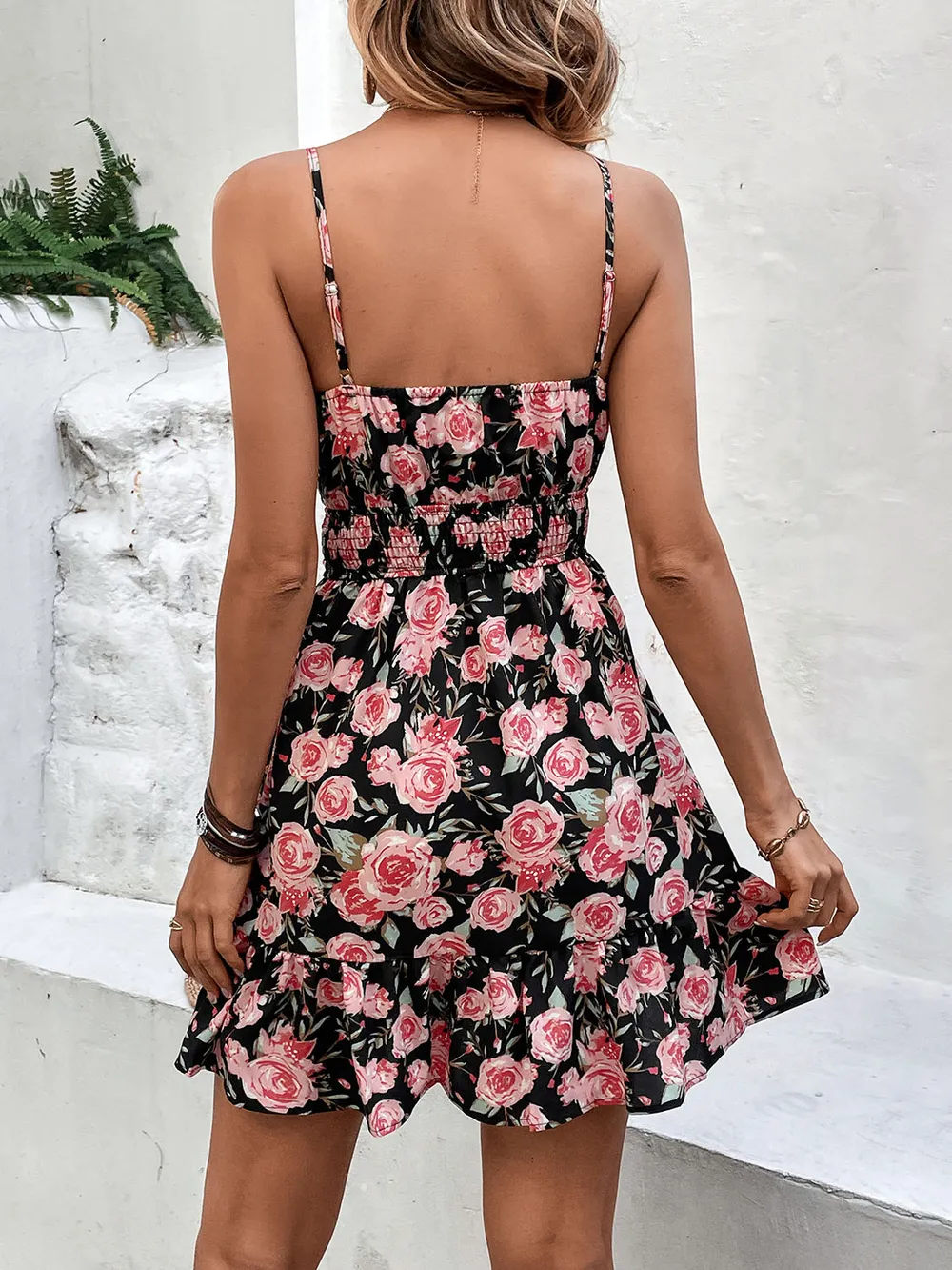 Tied Rose Print Spaghetti Strap Dress-vkxiaodian
