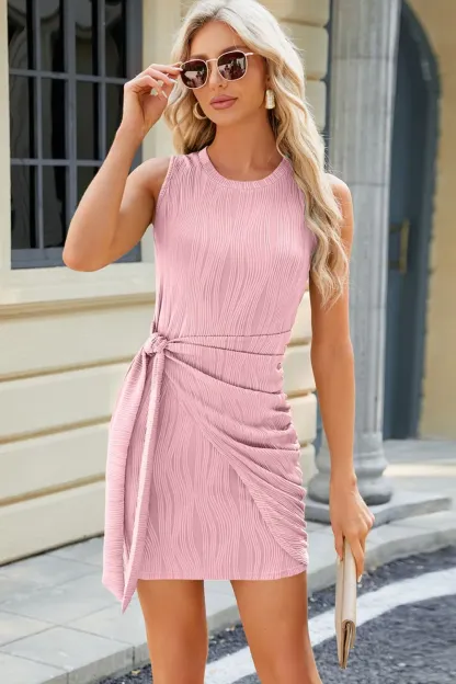 Tied Round Neck Sleeveless Mini Dress-vkxiaodian