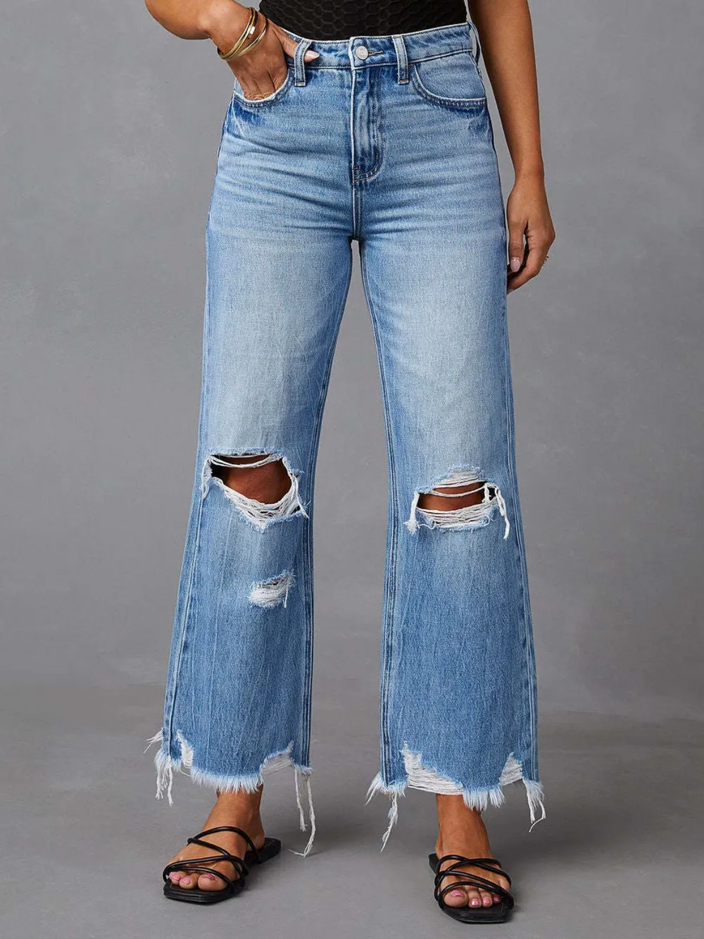 Washed ripped high waisted pants wide leg jeans for women-vkxiaodian