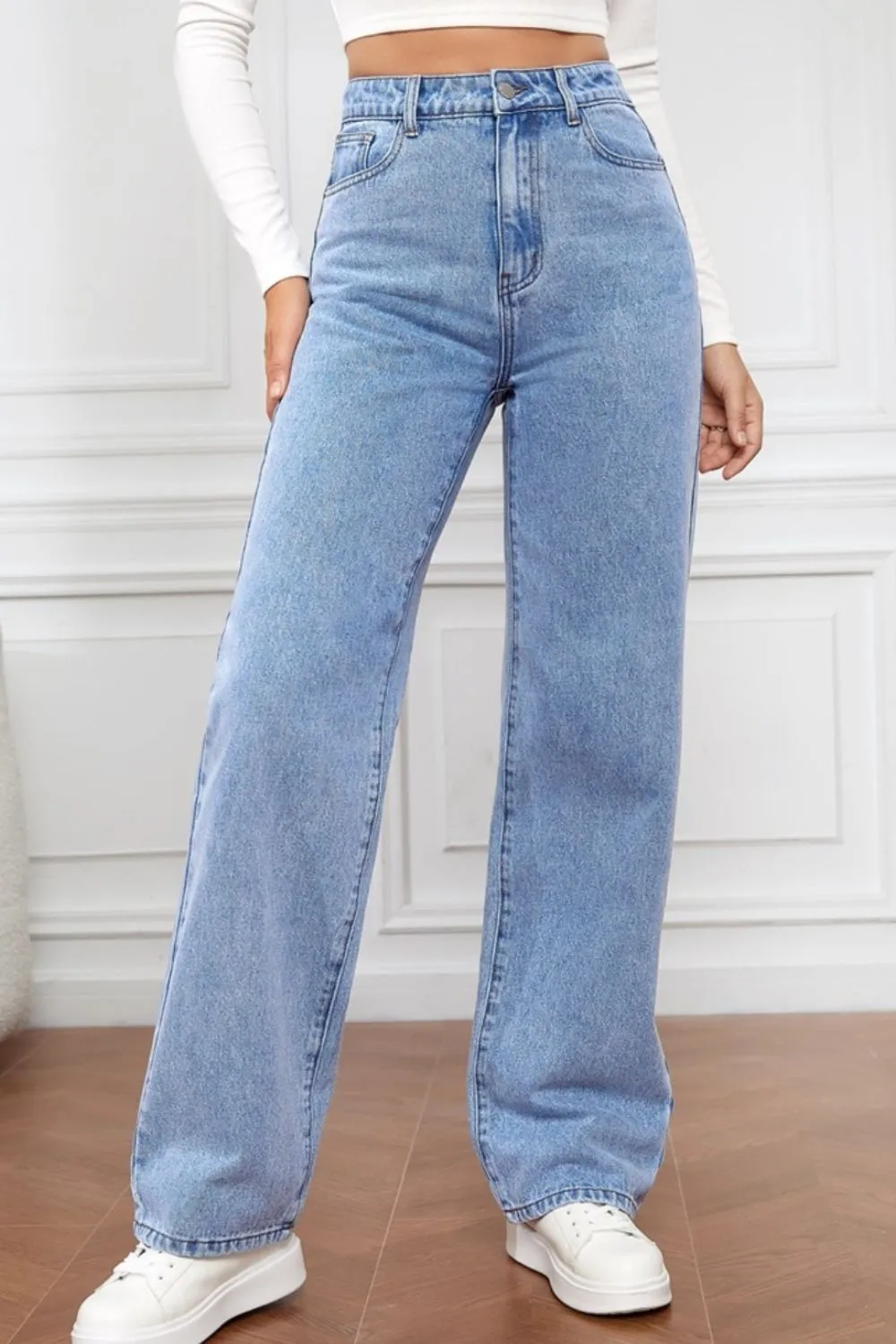 Washed denim fashionable straight leg pants long high waisted jeans pants for women-vkxiaodian