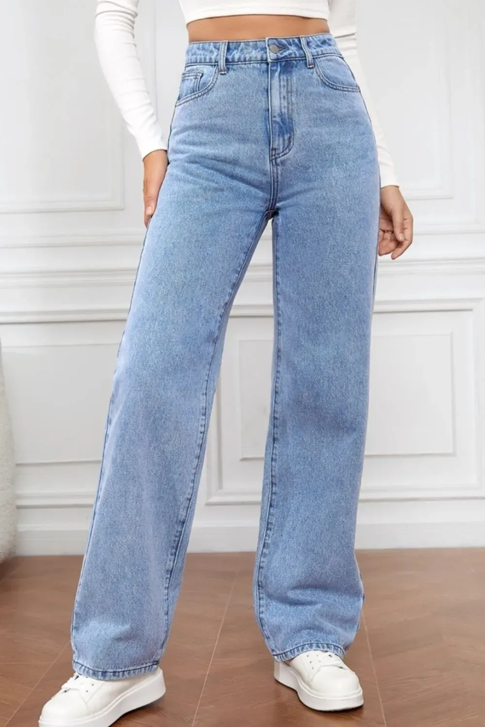Washed denim fashionable straight leg pants long high waisted jeans pants for women-vkxiaodian