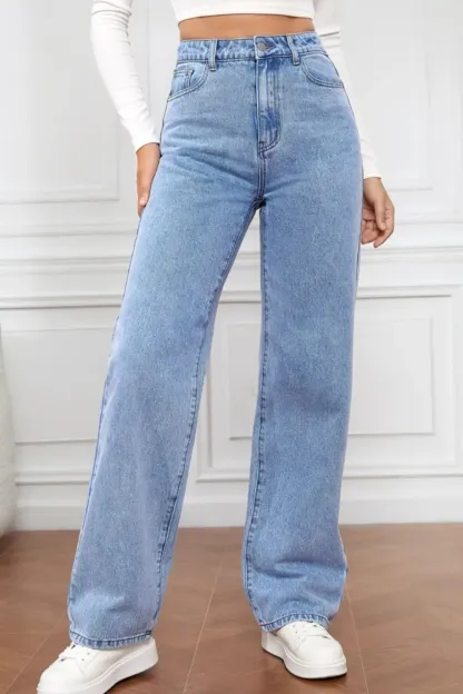 Washed denim fashionable straight leg pants long high waisted jeans pants for women-vkxiaodian