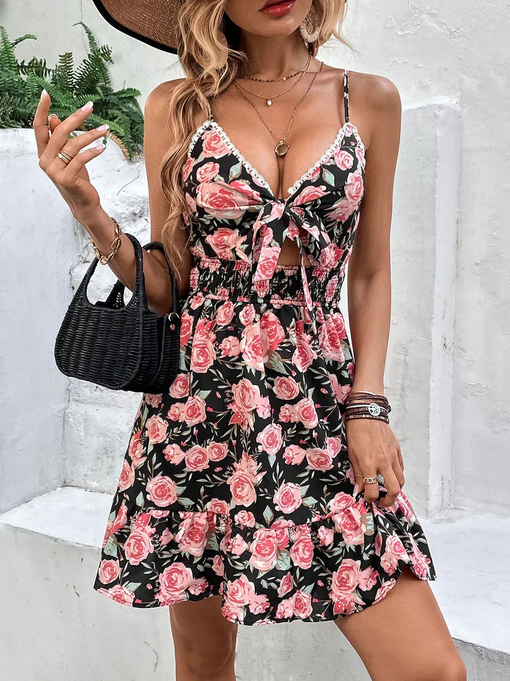 Tied Rose Print Spaghetti Strap Dress-vkxiaodian