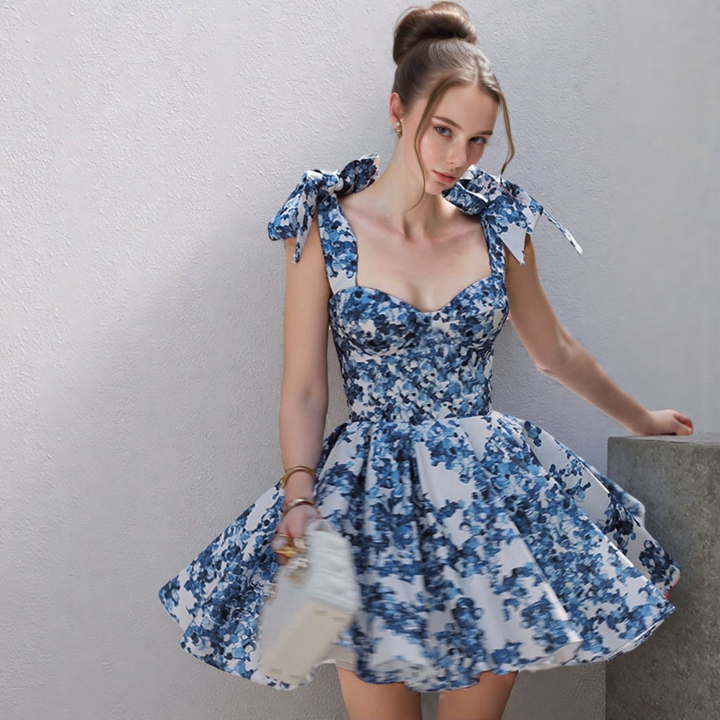 Elegant temperament slim fit printed lace up short skirt dress French dress-vkxiaodian