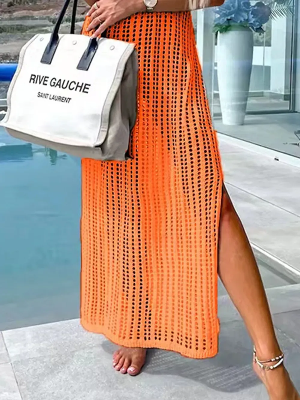 Beach cover shirt casual solid color slit backless knitted camisole dress-vkxiaodian