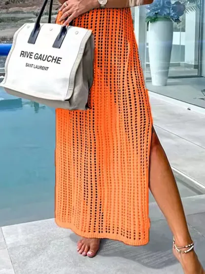 Beach cover shirt casual solid color slit backless knitted camisole dress-vkxiaodian