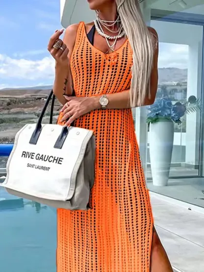 Beach cover shirt casual solid color slit backless knitted camisole dress-vkxiaodian