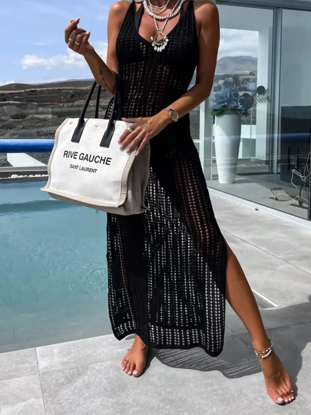 Beach cover shirt casual solid color slit backless knitted camisole dress-vkxiaodian