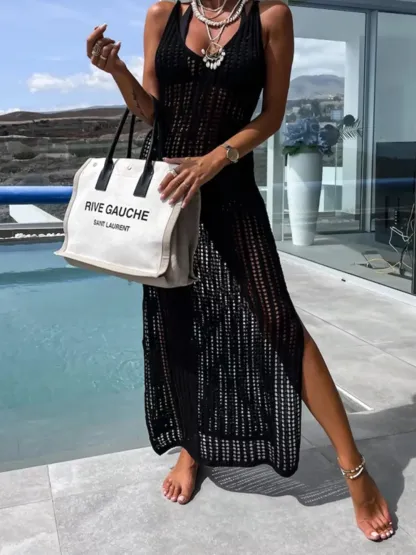 Beach cover shirt casual solid color slit backless knitted camisole dress-vkxiaodian
