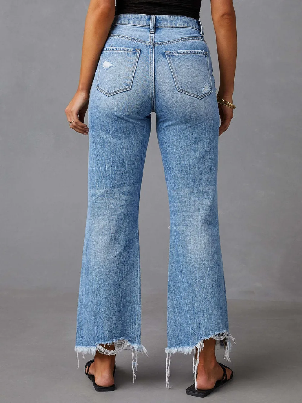 Washed ripped high waisted pants wide leg jeans for women-vkxiaodian