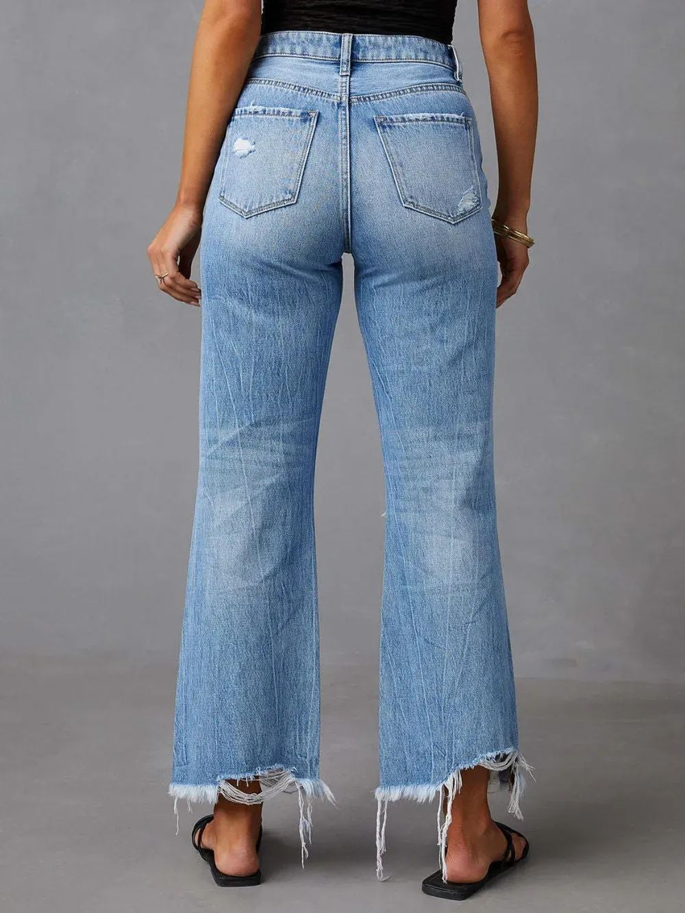 Washed ripped high waisted pants wide leg jeans for women-vkxiaodian