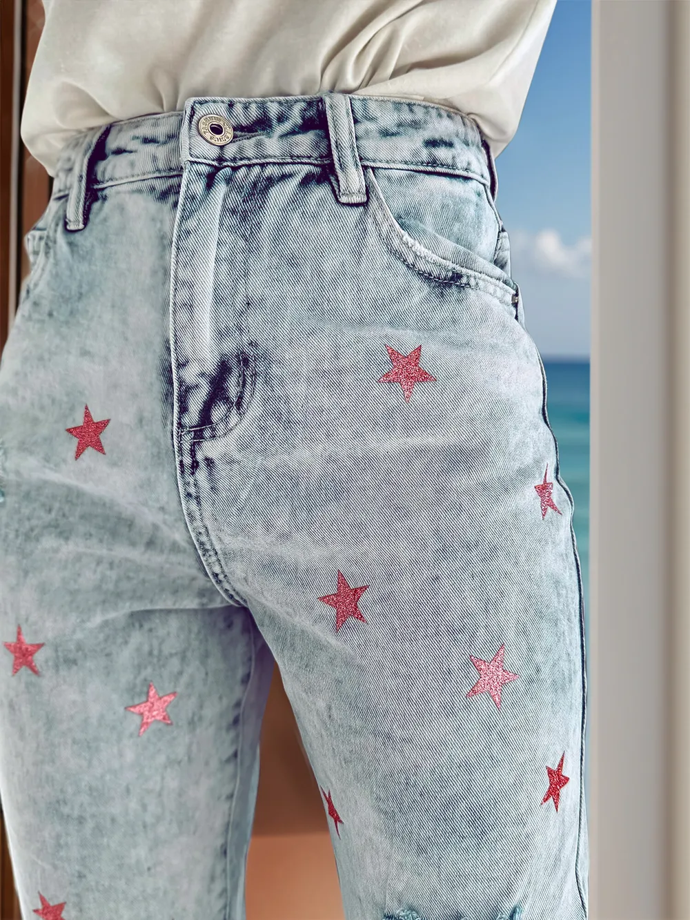 Distressed Star Jeans with Pockets-vkxiaodian