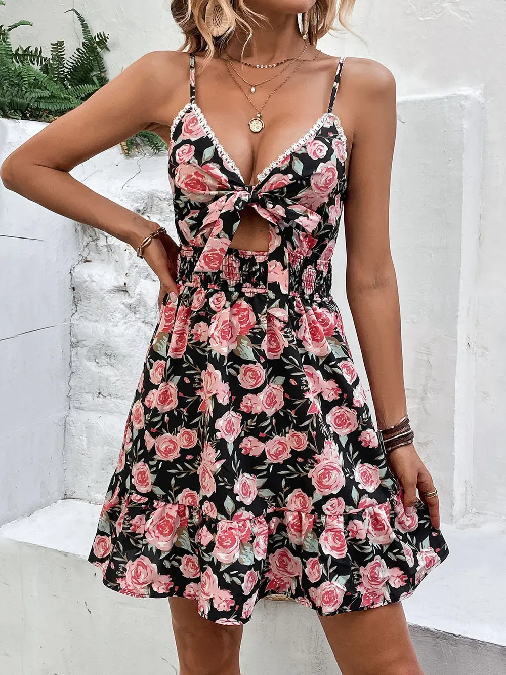 Tied Rose Print Spaghetti Strap Dress-vkxiaodian