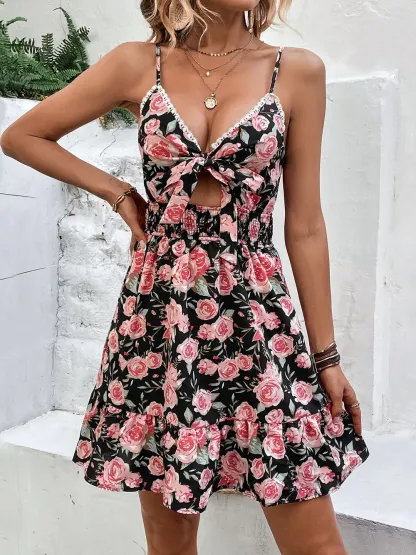 Tied Rose Print Spaghetti Strap Dress-vkxiaodian