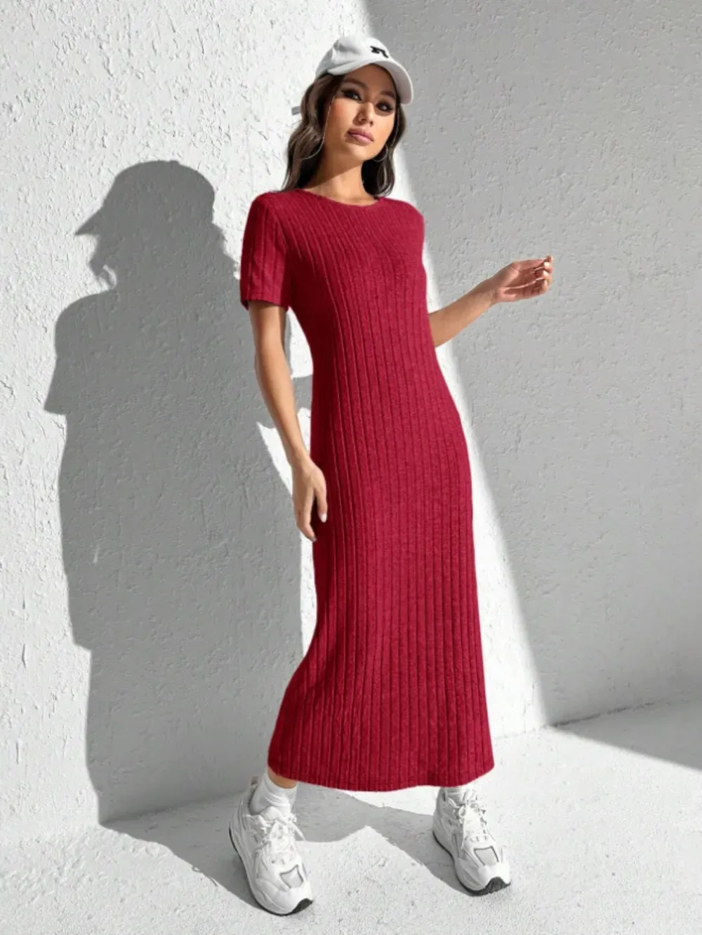 Slit Round Neck Short Sleeve Sweater Dress-vkxiaodian