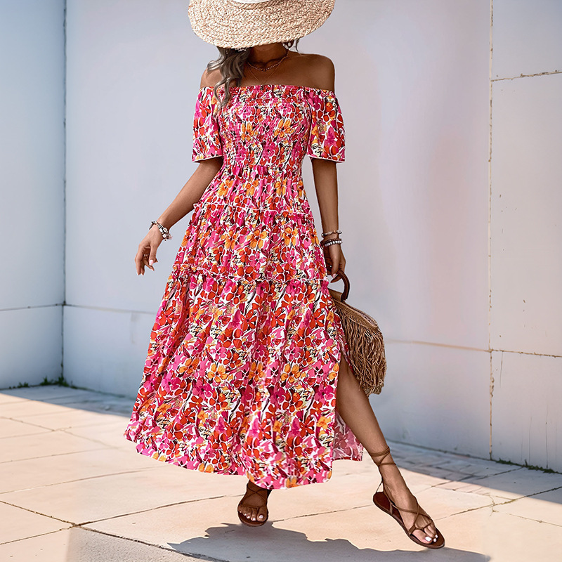 Bohemian style one shoulder bubble sleeve floral print dress-vkxiaodian