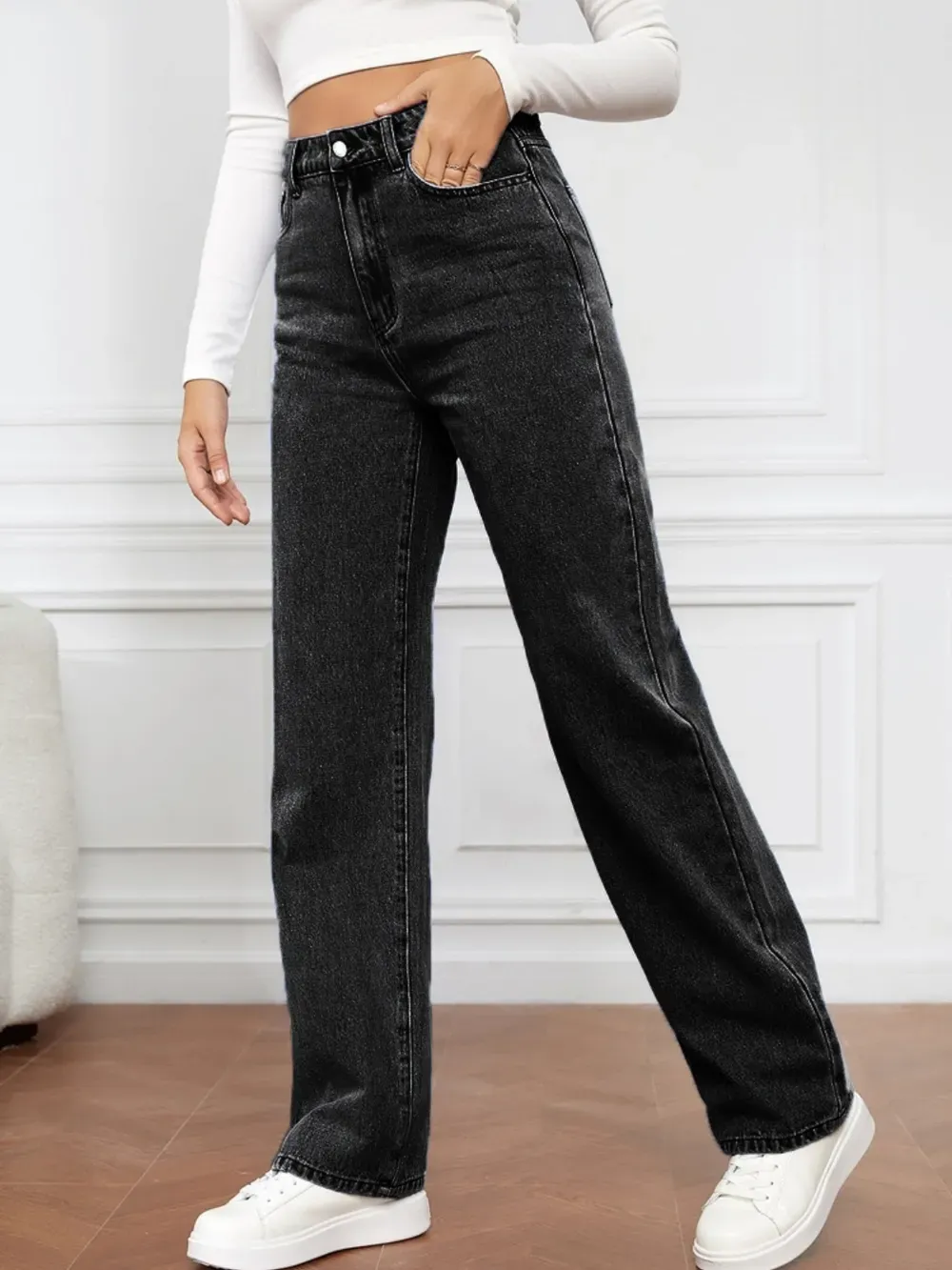 Washed denim fashionable straight leg pants long high waisted jeans pants for women-vkxiaodian