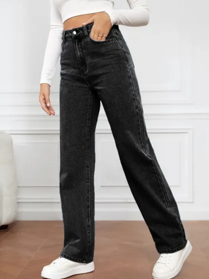 Washed denim fashionable straight leg pants long high waisted jeans pants for women-vkxiaodian