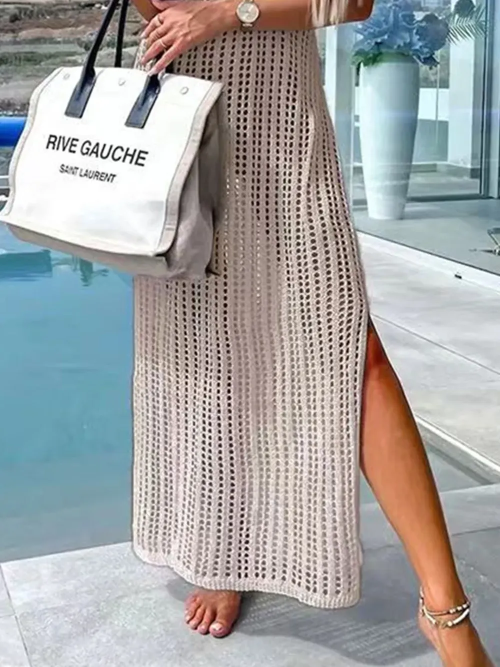 Beach cover shirt casual solid color slit backless knitted camisole dress-vkxiaodian