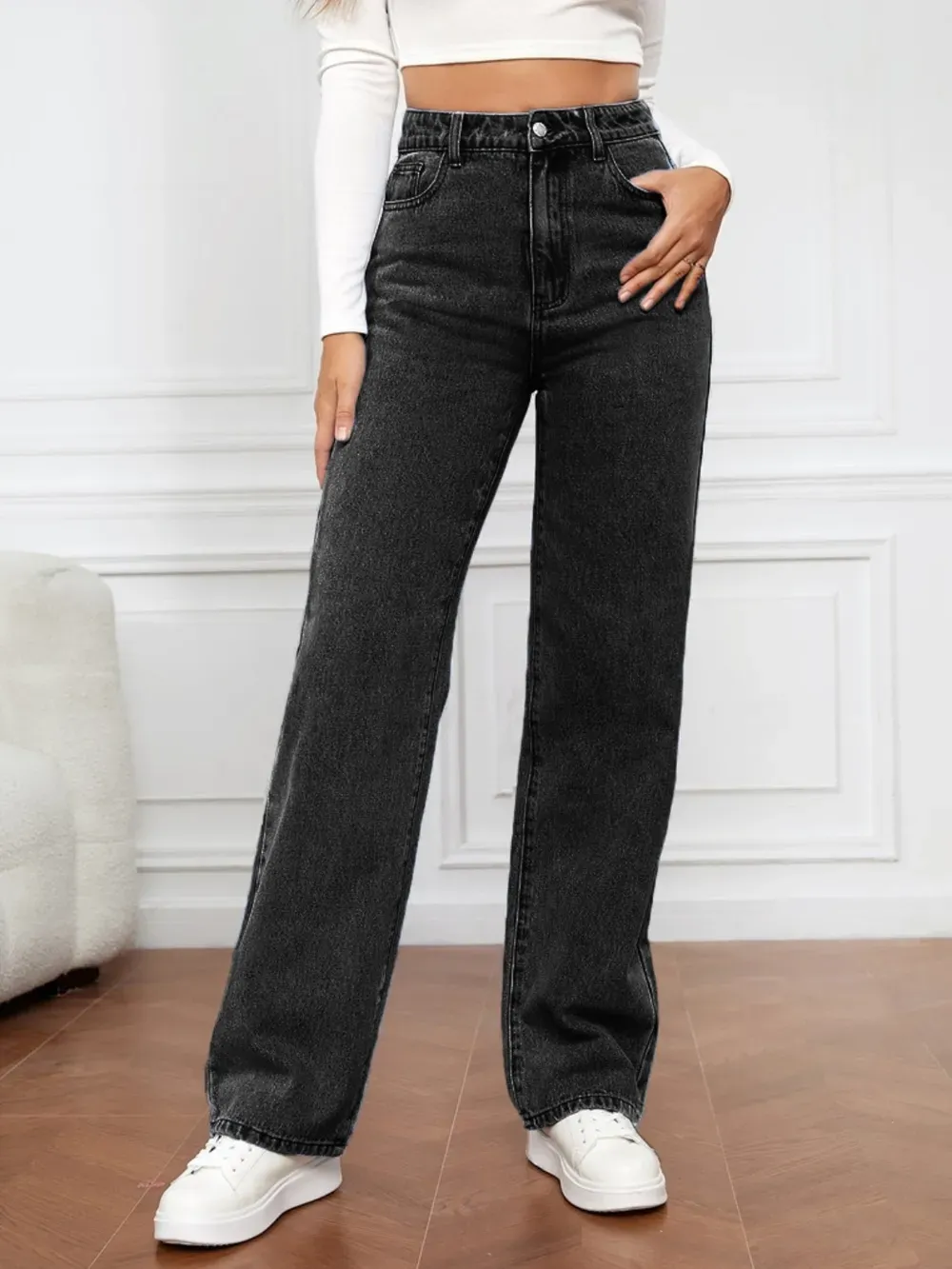 Washed denim fashionable straight leg pants long high waisted jeans pants for women-vkxiaodian