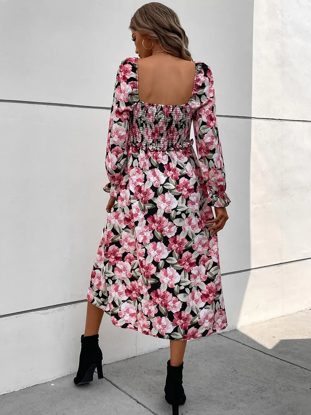 Perfee Slit Smocked Floral Flounce Sleeve Dress-vkxiaodian